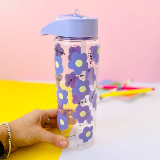 BOTELLA CON PICO FLORES VIOLETA